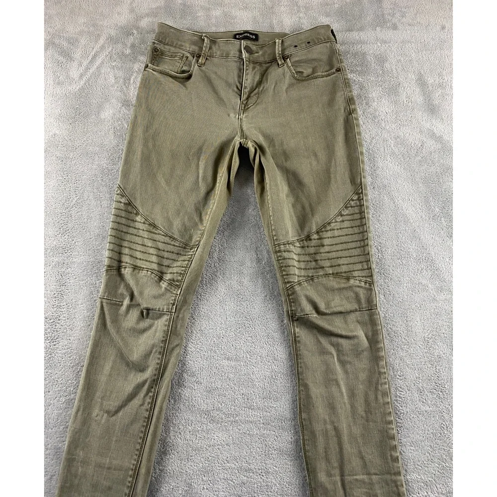 Express‎ Womens Moto Legging Mid Rise Olive Green Skinny Jeans Ribbed Knee Sz 2R